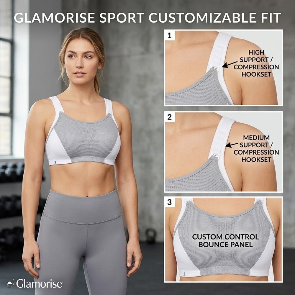 Glamorise Sport 1166 Wirefree Sports Bra Size 40DD White Gray Adjustable Support